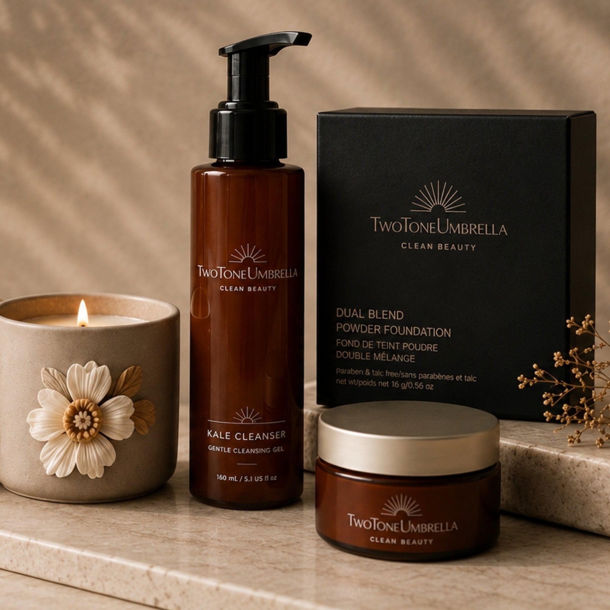 Lifestyle image featuring candles, clean beauty skincare, and wellness products representing the Twins Candle Collective Story