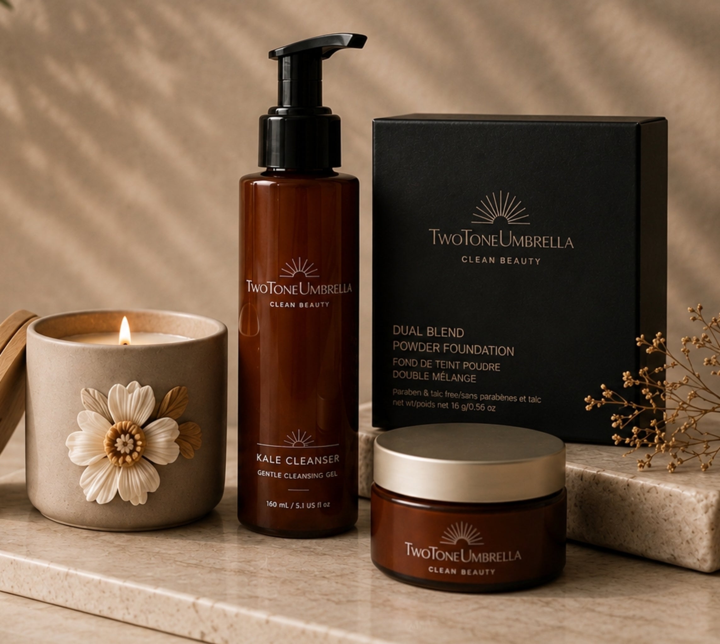 Lifestyle image featuring candles, clean beauty skincare, and wellness products representing the Twins Candle Collective Story